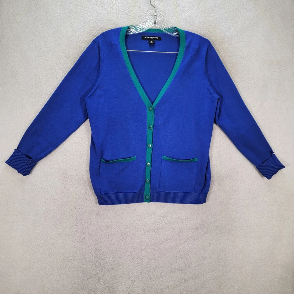 Cardigã feminino suéter Sharagano azul malha gola V bolsos academia tamanho M - Imagem 2 de 4