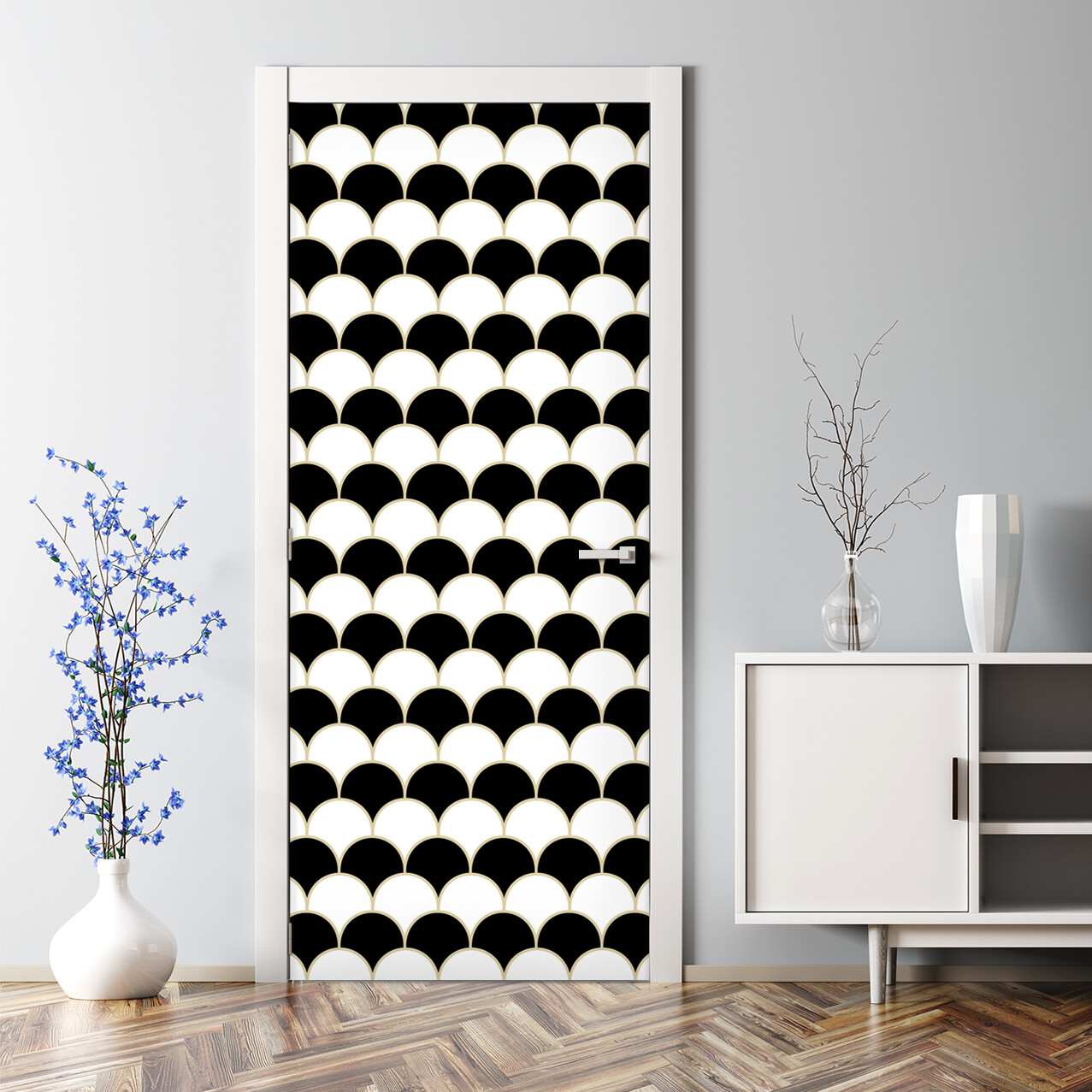 Minimalist Black and White Scallop Geometric Modern Door Decal