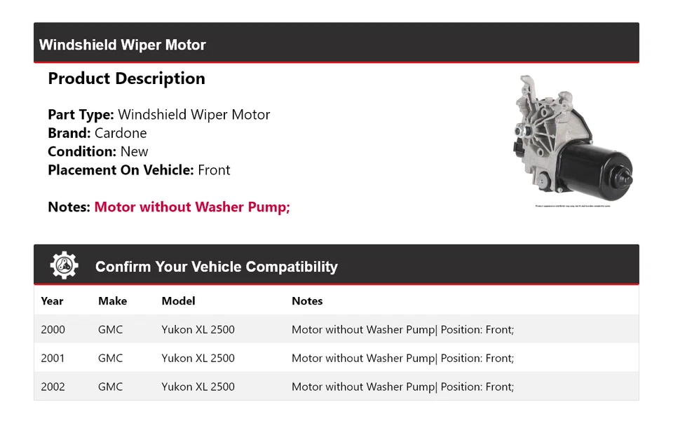 Motor limpiaparabrisas delantero cardone 2001 para GMC Yukon XL 2500 2000-2002 Foto 2 de 4