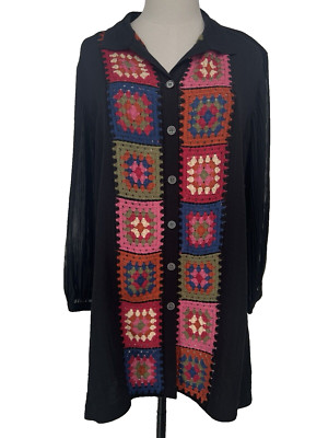 NWT John Mark Women's L Black Tunic Shirt Wire Collar Crochet Patchwork Design 