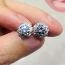 Snowflake Flower Sparkling Cubic Zirconia Silver Plated Stud Earrings Elegant