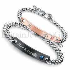 Stainless Steel His Queen Her King CZ Love Couple Bangle Bracelet Men Women