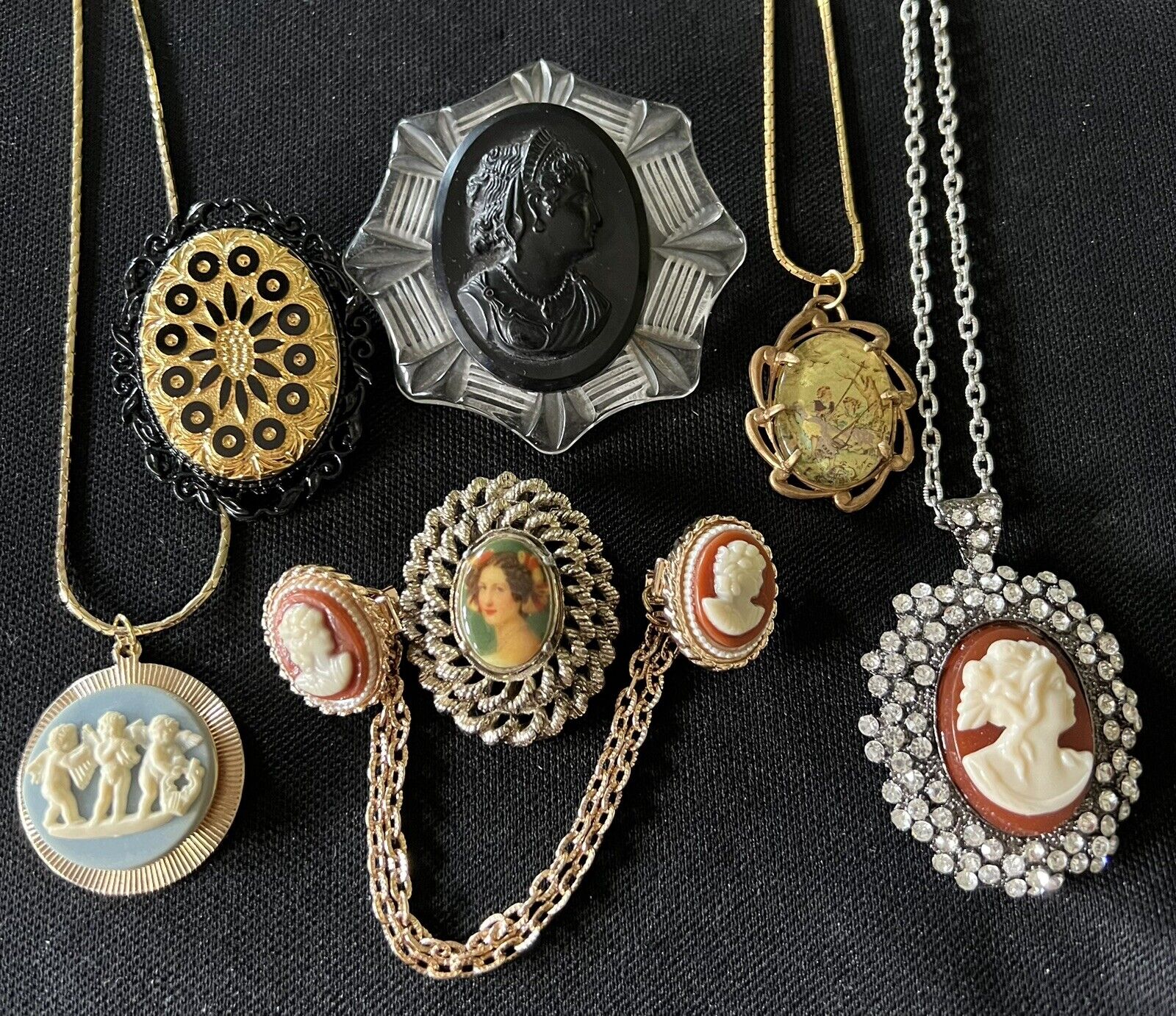 Vintage Jewelry Lot Cameo Brooch Necklace Rhinest… - image 1