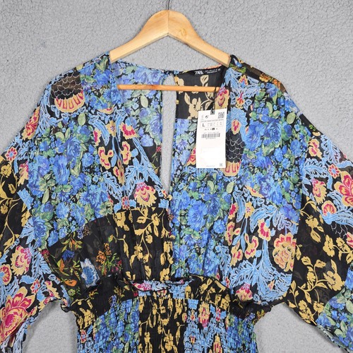 Zara Romper Large Multicolor Patchwork Print Flowy Floral Romper Smock Boho NWT - Picture 3 of 11