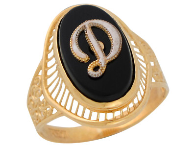 10k or 14k Two Tone Gold Filigree Band Oval Onyx Cursive Letter D ...