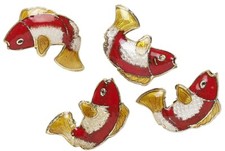 Bead, 6 Gold Finished Brass  Enamel Red Cloisonn  18x14x4mm Fish w/ 1mm Hole 