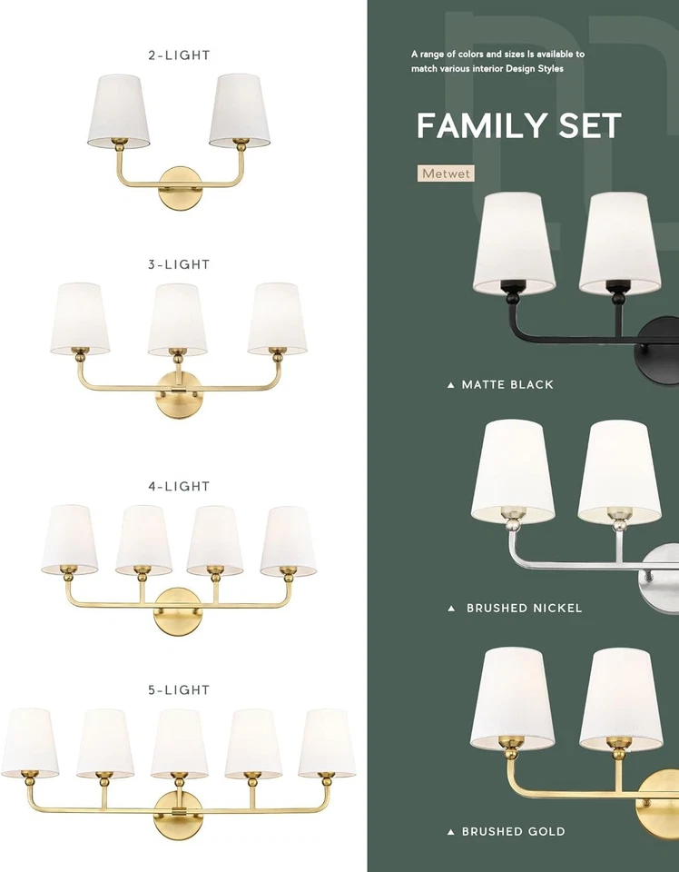 METWET, 4 Light Brushed Gold Vanity Lights with Flared White Shades, VL837-BG-4 - Image 3 of 4