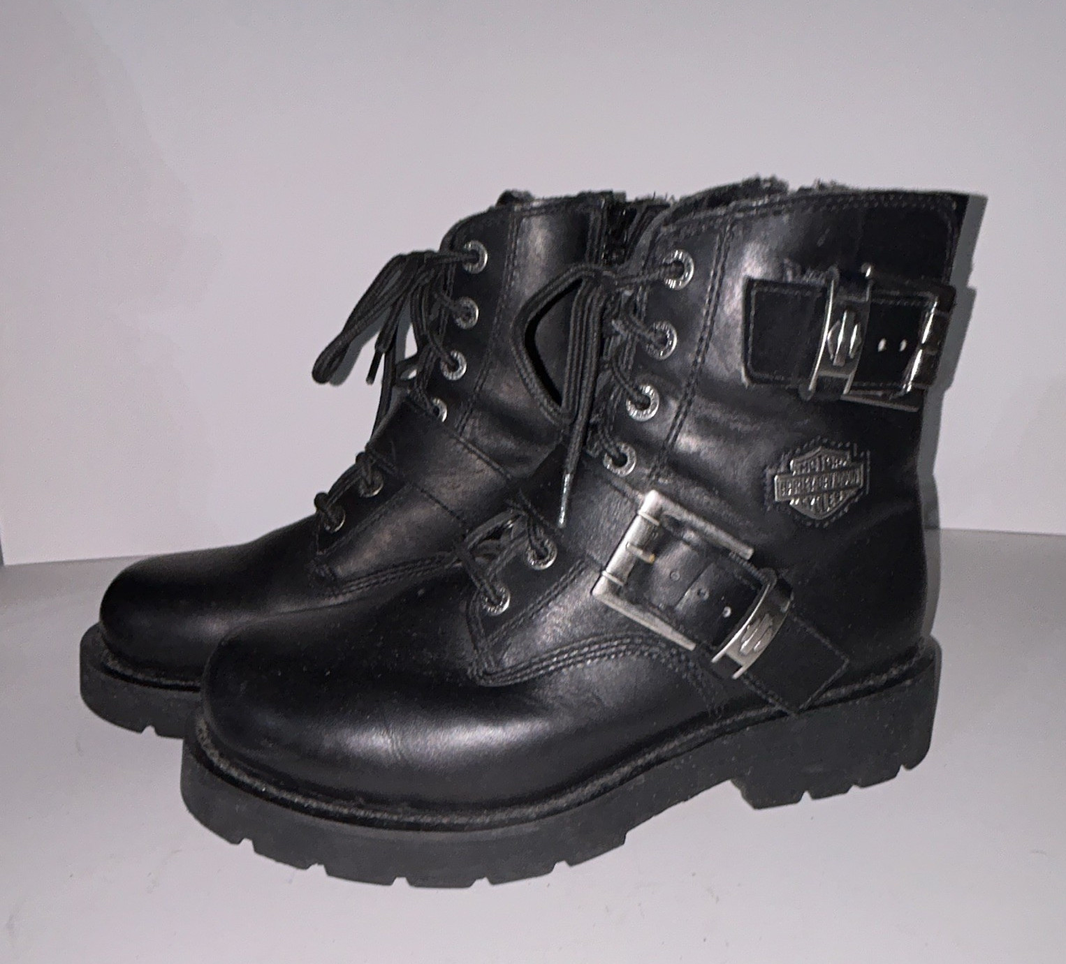 Harley-Davidson Men's Black Leather Biker Ankle Boots Lace-Up Buckle Zip 8