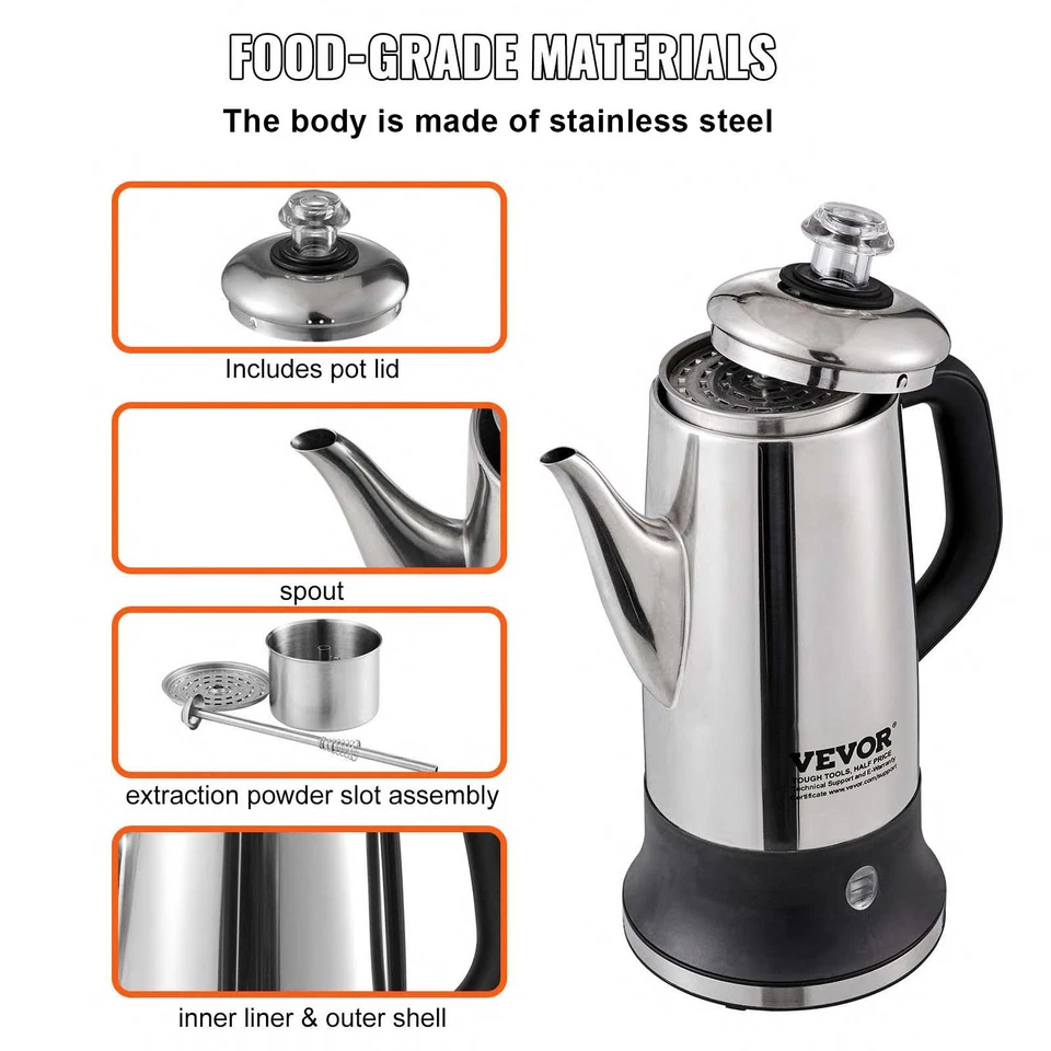 VEVOR 12-Cup Electric Percolator Coffee Pot Stainless Steel Body Coffee Maker - Image 4 of 4