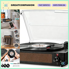 Vintage Vinyl Record Player with Speakers, Wood Black Turntable, Retro Music Pla