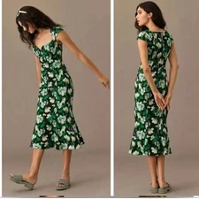 NWT Anthropologie Cecily Fit & Flare Floral Green Sweetheart Midi Dress Size M