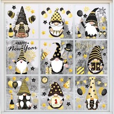Whaline 9 Sheets Happy New Year Window Cling Stickers Black Gold Gnomes Reusable
