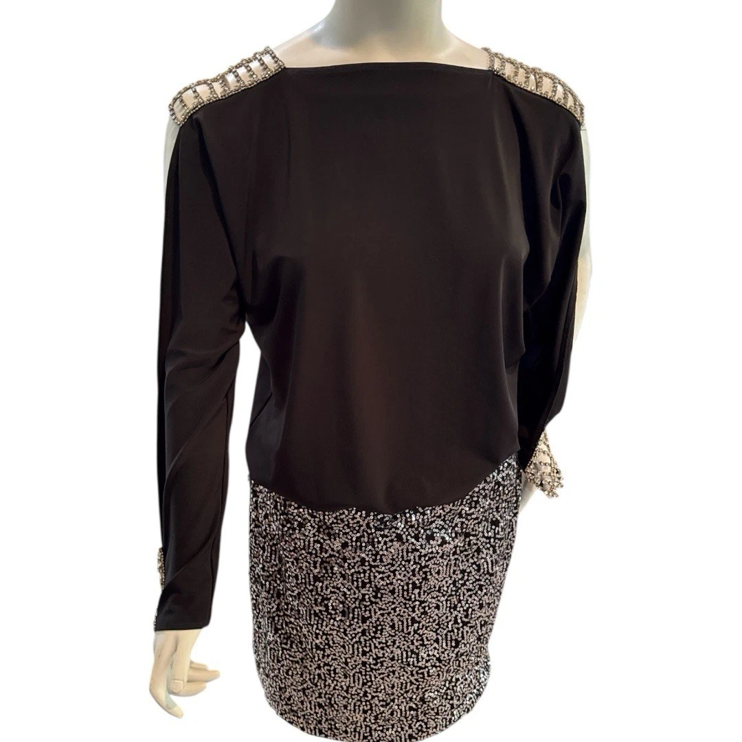 Janine VTG 90s Rhinestone Sequin Mini Black Dress Size Small EUC