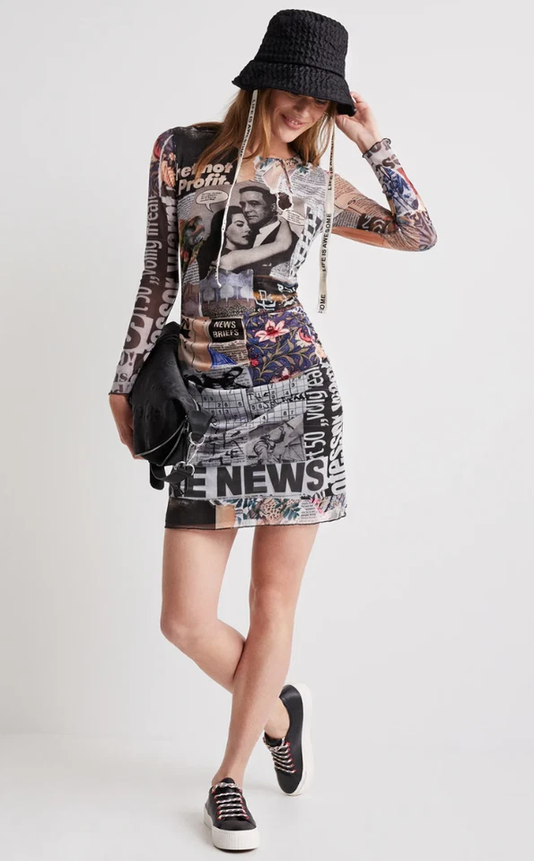 Желательный тюль газеты Midi платье женщин XL графический новости резинке с подкладкой новый - Изображение 2 из 4