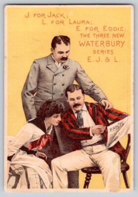 WATERBURY WATCH CO*E J L SERIES*JACK LAURA & EDDIE READING NEWSPAPER*TRADE CARD