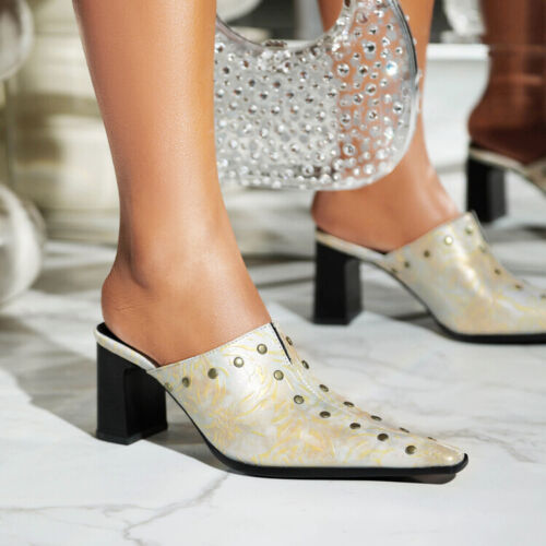 Rivets Square Toe Slippers Womens Fashion Chunky High Heel Slingback Sandals - Afbeelding 1 van 20