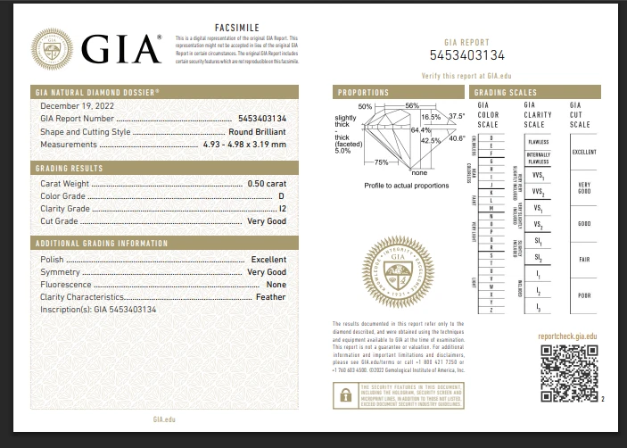 Diamante suelto natural de 0,50 quilates 4,9 mm redondo corte brillante certificado por GIA D/I2 Foto 3 de 4