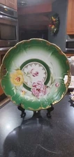 Antique Hand Painted Peony Floral Double Handled Cake Plate 