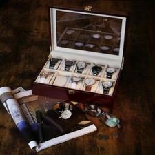 10 Slots Watch Display Case Ebony Wood Organizer Glass Jewelry Box Storage Gift