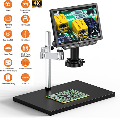 TOMLOV 4K Soldering Digital Coin Microscope 2000X 10.1'' 52MP & Spin Arm Stand