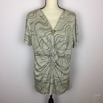 JBS LTD Blouse Top 3X Womans Plus Gray Glitter Twist Front V-Neck Short Sleeve 