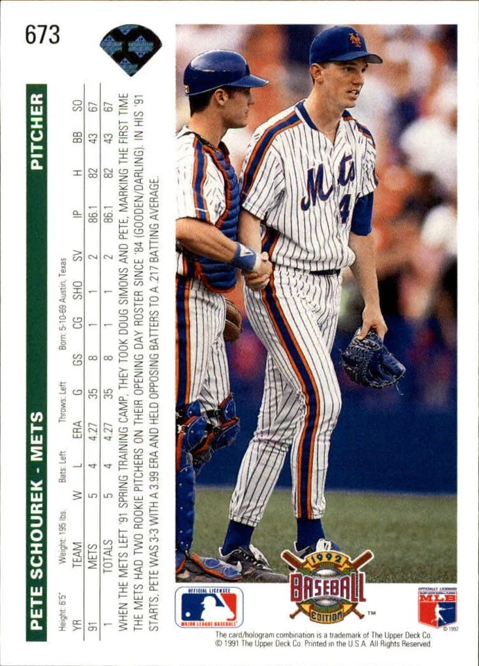Pete Schourek 1992 Upper Deck MLB #673 Baseball Card New York Mets - Image 2 of 2