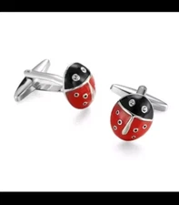 Ladybug Red Black Pair Cufflinks Wedding Father Fancy Gift Box & Polishing Cloth