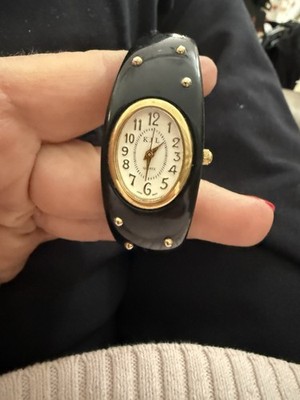Kenneth Jay Lane KJL Hinged Bangle Watch Gold Tone Crystal Genuine Leather Vintage KJL Kenneth Jay Lane Enamel Tiger Watch Hinged  main image 3