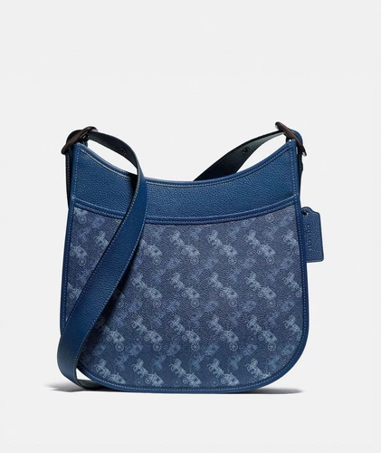 Tracolla Coach Emery nuova con etichetta con stampa cavallo e carrozza blu 89140