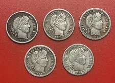 Lot of Five (5) Better Condition Mixed Date Circulated Silver Barber Dimes.
