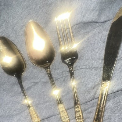 Gold Plated Flatware Set Floral Pattern Knife Fork Spoon Tablespoon