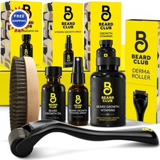 Beard Growth Kit Derma Roller Oil Vitamins Spray Brush Gift Set Club Signature