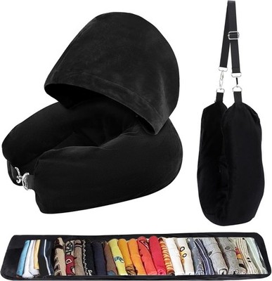 Stuffable Travel Neck Pillow with Hood   Soft Velvet, Adjustable, Multifunction