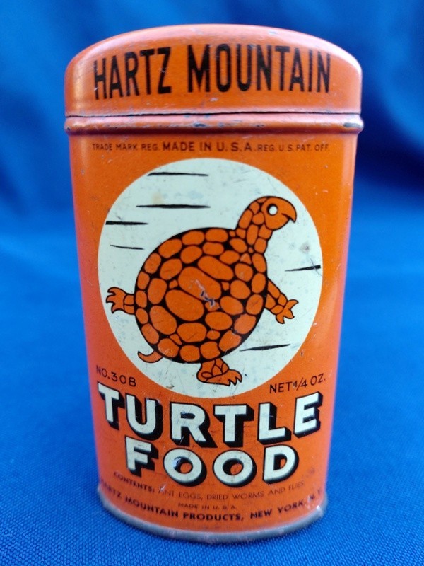 VINTAGE HARTZ MOUNTAIN ORANGE TIN TURTLE FOOD