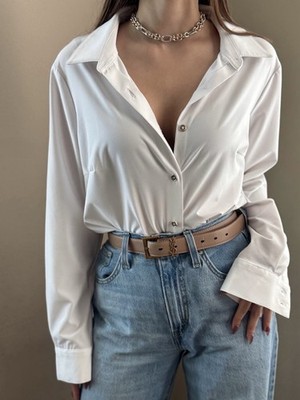 Tommy Hilfiger White Button Up Shirt Womens Medium Minimal Stretch Blouse