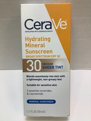 CeraVe Hydrating Mineral Sunscreen SPF 30, Medium Sheer Tint, Exp. 08/2026