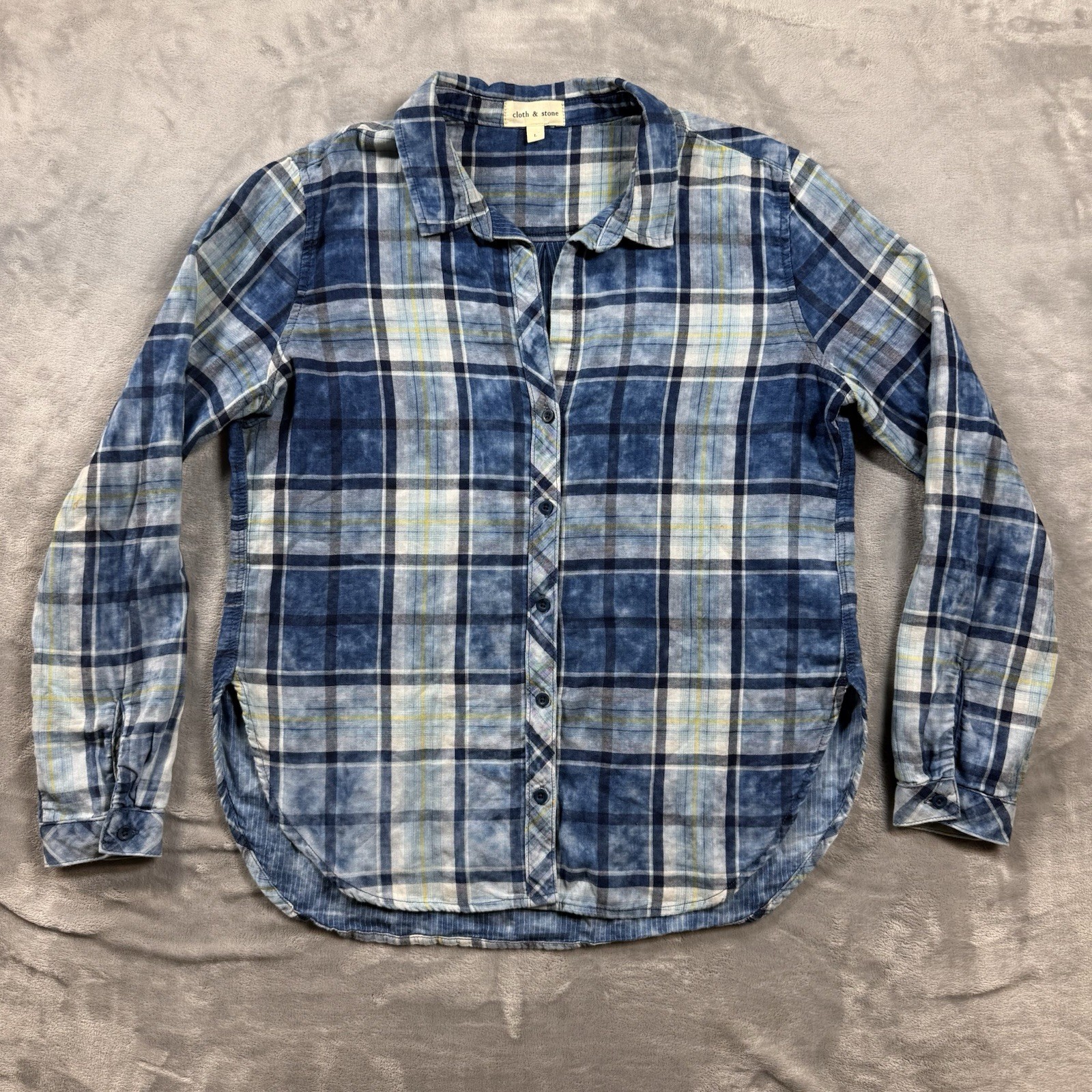 Anthropologie Cloth & Stone Button Down Shirt Blue Plaid Cotton Boho Preppy Sz M