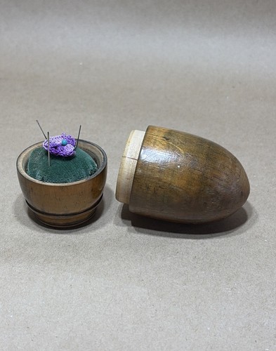 Antique Pin Cushion Egg Shaped Figural Carved Wood Handmade Made in the USA