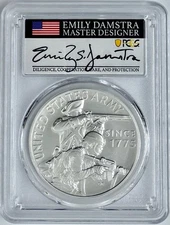 (2024-P) U.S. Army 1 Oz Silver Medal PCGS MS 70 FDOI Emily Damstra Signed Mint
