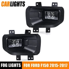 Fits 2015-2017 Ford F-150 Pair Clear Lens Front Fog Light Driving Lamp w/ Bezel