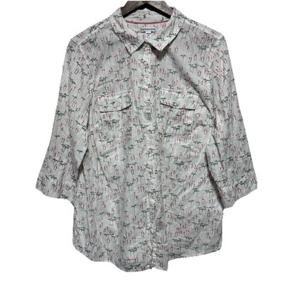 Croft Barrow Blouse Womens 1X White Flamingo Beachy Lightweight Button Front Top