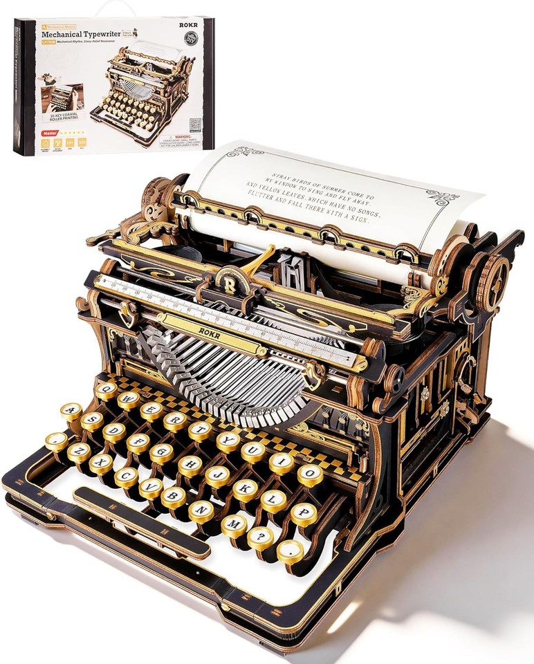 A buildable 3D wooden typewriter model kit that ends up as a fully displayable, working-key desk sculpture.