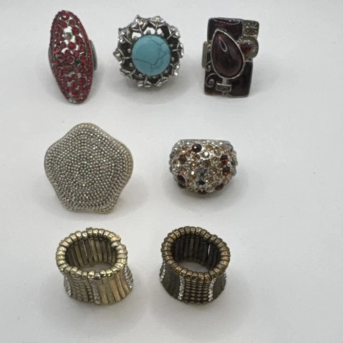 Lot of 8 Silver Tone Multicolor Rhinestone Cocktail/Band Rings Size 8.5 - product listing photo