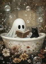 Halloween Ghost Cat Flower Diamond Painting Kits for Adults, 5D Diamond Art Kits