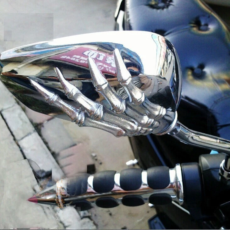 For HarleySkeleton Hand Rear View Motorcycle Chrome Skull Mirrors Chopper Foto 3 de 4