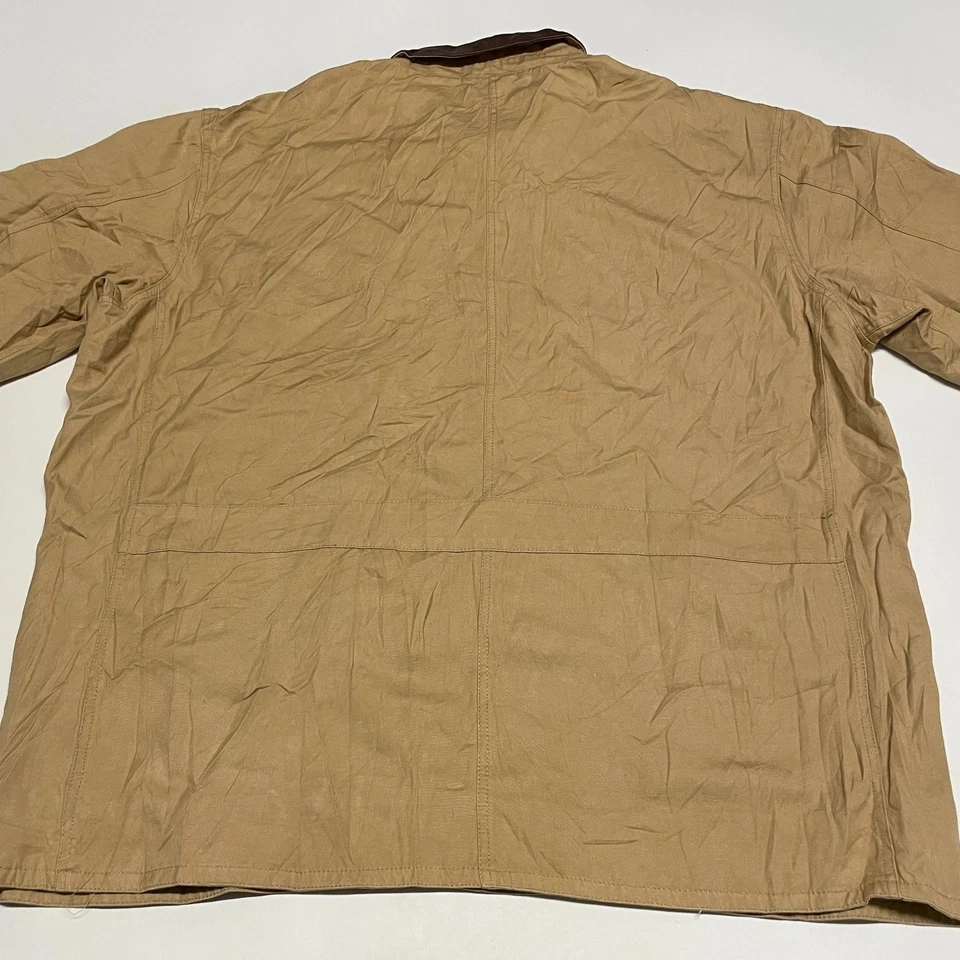 Vintage Hunting Jacket Mens L 2XL Beige Brown Leather Trim Collar Flannel Lining - Image 4 of 4