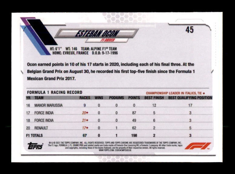2021 Topps Chrome Formula 1 Sapphire Edition #45 Esteban Ocon Alpine - Image 2 of 2