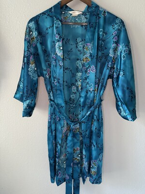 Private Luxuries Sz M Small Blue Floral Print Wrap Robe Kimono Style Pockets EUC