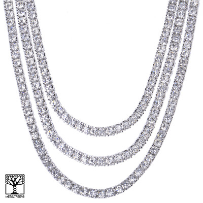 Men's Iced CZ Triple Silver Plated Tennis Chain Necklace SET  18'' / 20'' / 24'' 
