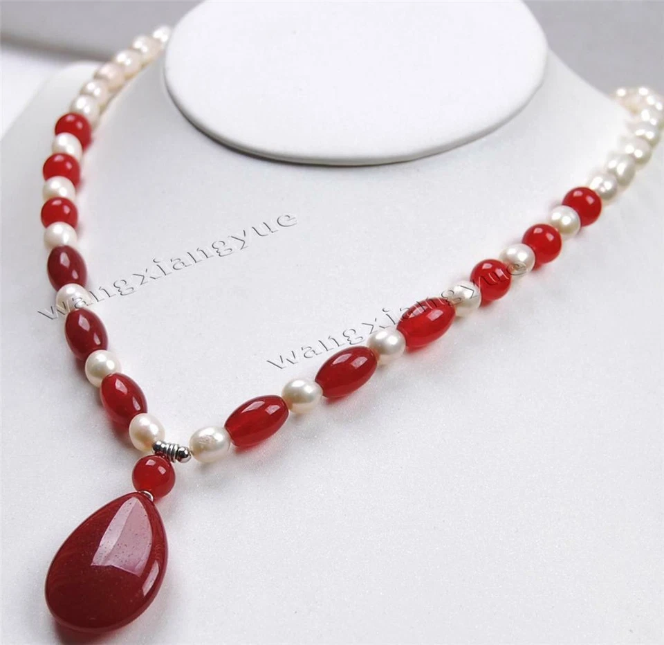 7-8mm Natural White Akoya Cultured Pearl / Ruby pendant (18x25mm) Necklace 18" - Image 3 of 4